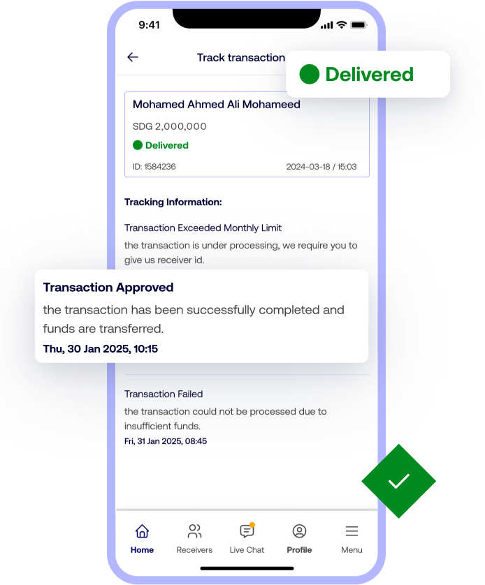a mobile screen showing track transaction feature